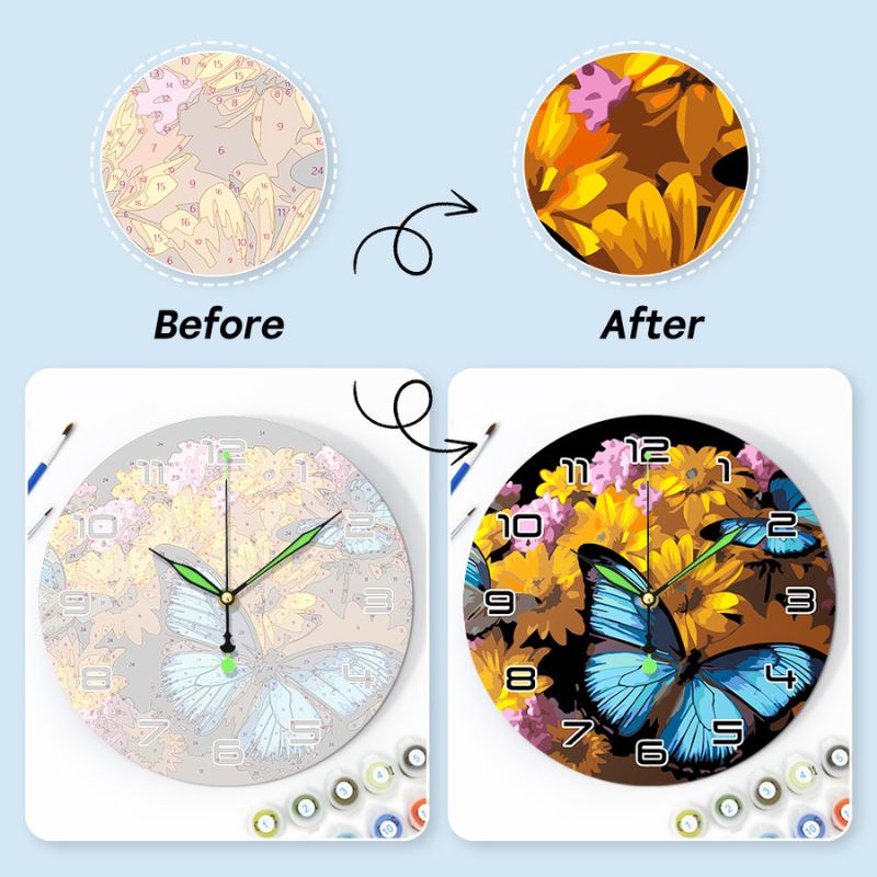 Blue Butterfly Floral Paint by Numbers Clock Kit