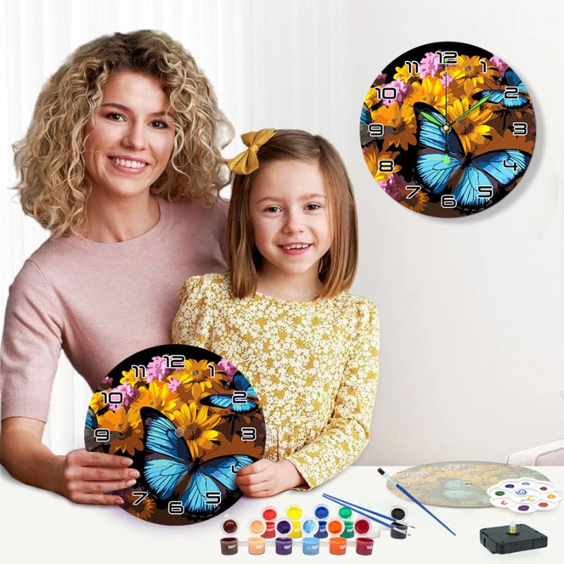 Blue Butterfly Floral Paint by Numbers Clock Kit